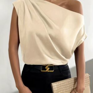 Tucked Slanted Shoulder Blouse, Elegant Solid Simple Blouse, Women's Clothing