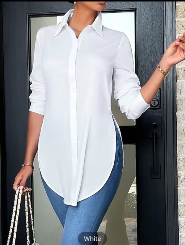 Split Button Front Shirt, Casual Long Sleeve Curved Hem Shirt, Women's Clothing