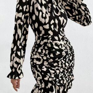 Leopard Print Ruched Dress, Sexy Mock Neck Long Sleeve Bodycon Dress, Women's Clothing