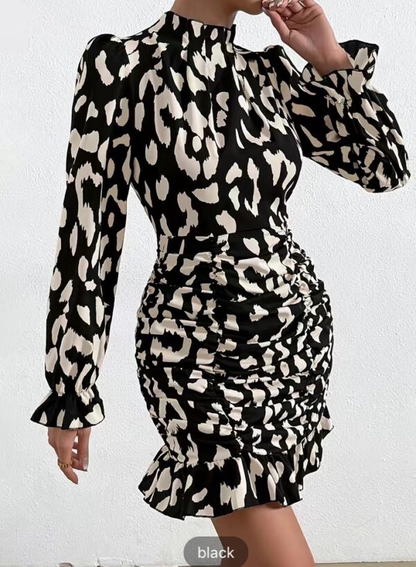 Leopard Print Ruched Dress, Sexy Mock Neck Long Sleeve Bodycon Dress, Women's Clothing